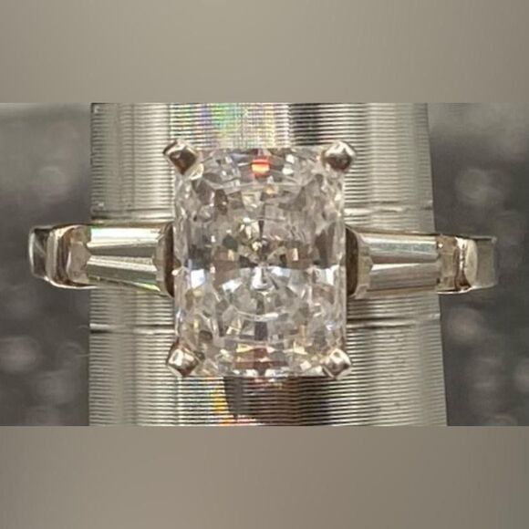 Sterling Silver 925 Radiant Cut Stone Engagement Ring Baguette Sides Size 6.25 - Picture 1 of 5